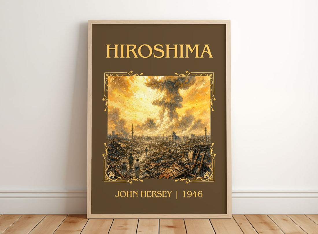 Hiroshima Classic Book Art Print by John Hersey – framed print leaning on a wooden floor