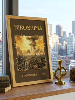 Hiroshima Classic Book Art Print by John Hersey – framed print on a city-view windowsill