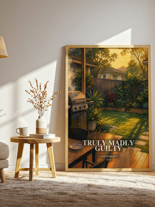 Truly Madly Guilty watercolour print in frame leaning in hallway – contemporary fiction wall art