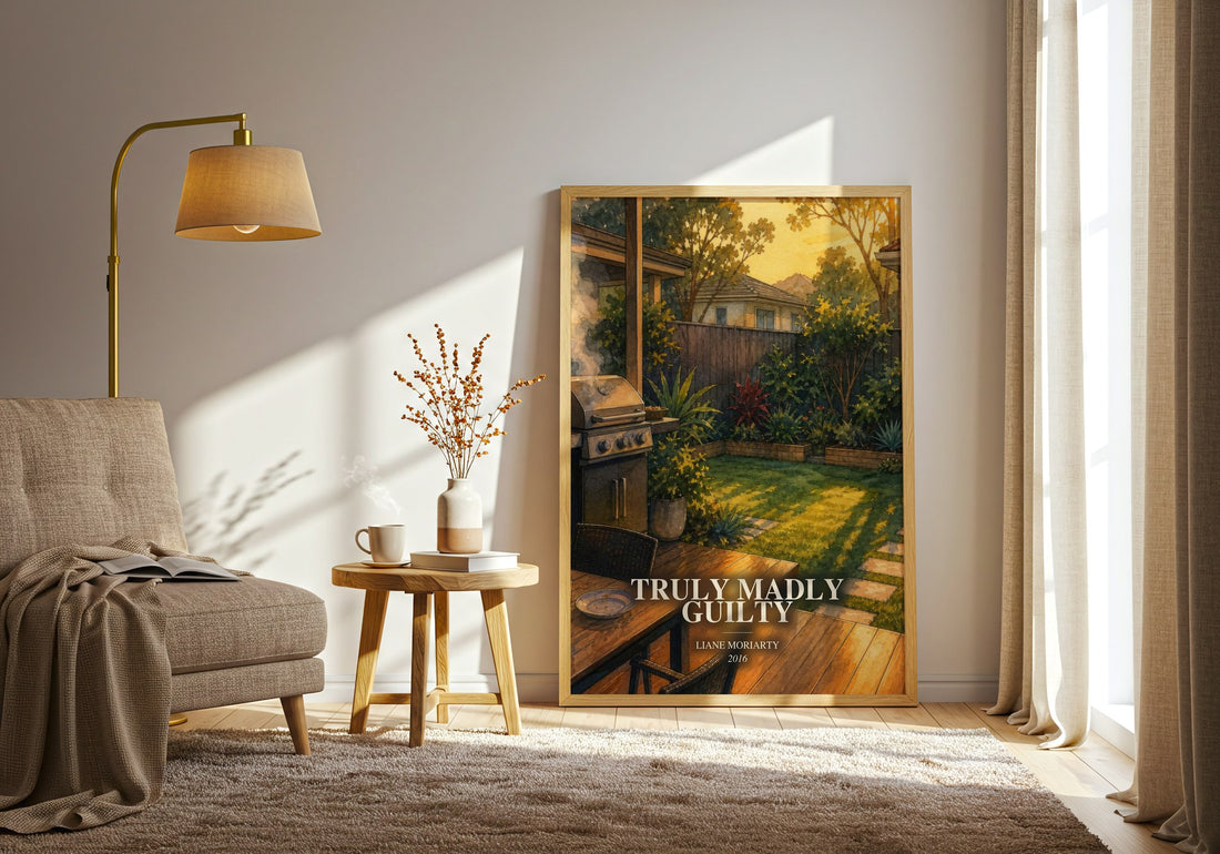 Truly Madly Guilty watercolour print in frame leaning in hallway – contemporary fiction wall art (mockup)