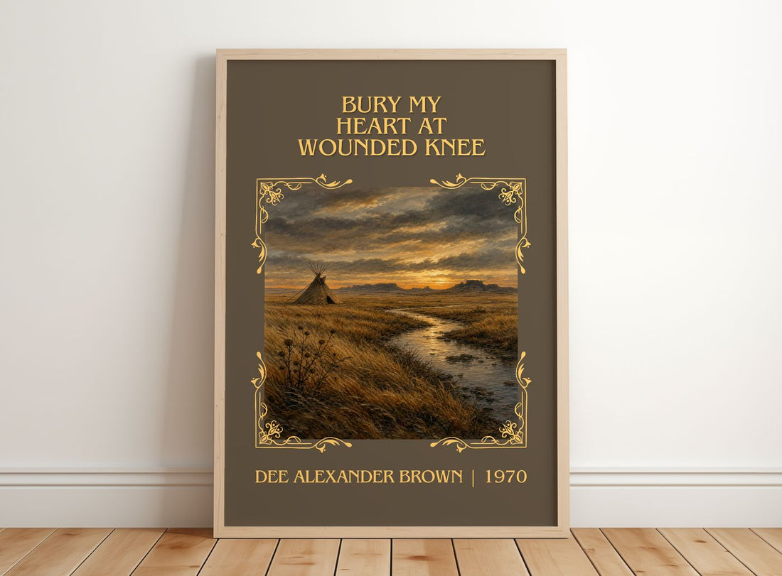 Bury My Heart at Wounded Knee Classic Book Art Print by D. Brown – framed print leaning on a wooden floor