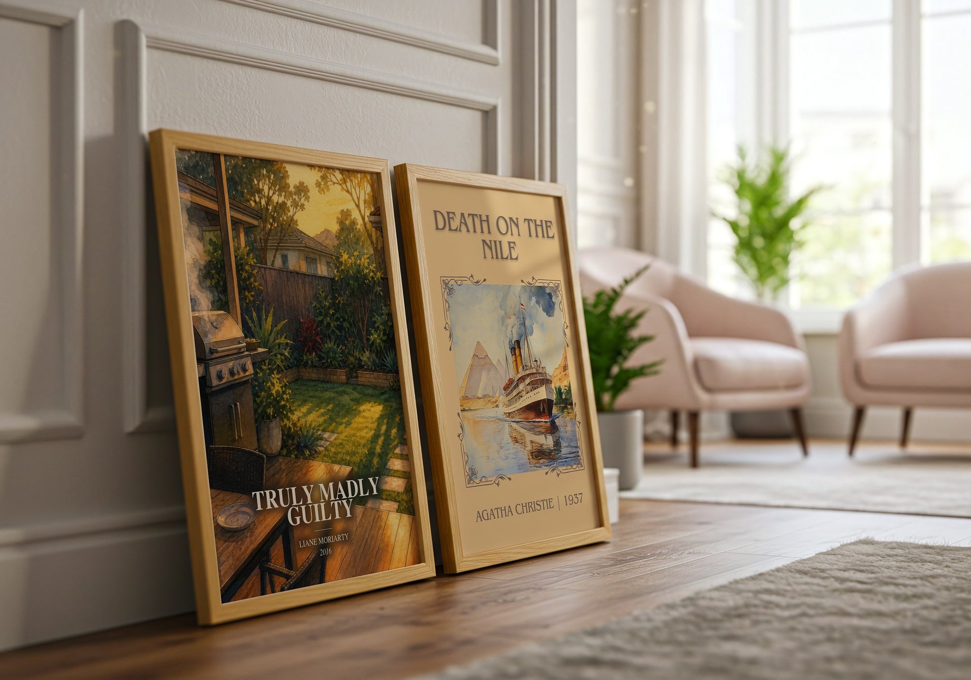 Truly Madly Guilty watercolour print framed by window – literary home decor
