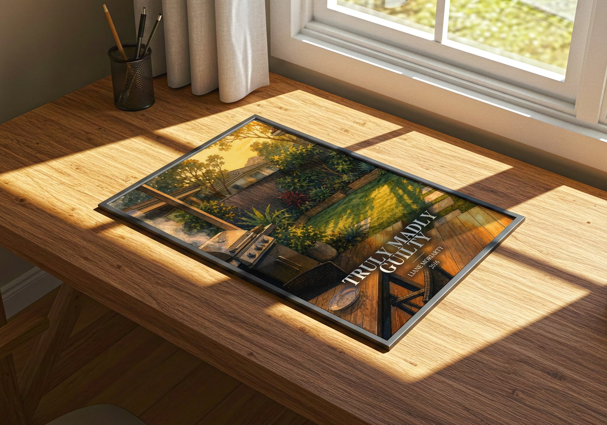 Truly Madly Guilty watercolour book poster framed on wall – contemporary fiction wall art