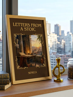 Letters from a Stoic Classic Book Art Print by Seneca – framed print on a city-view windowsill