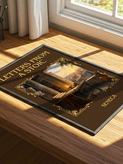 Letters from a Stoic Classic Book Art Print by Seneca – print on a sunlit desk