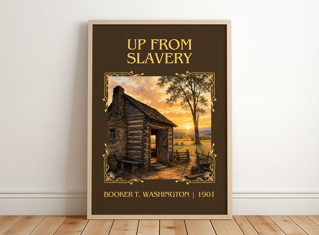 Up from Slavery Classic Book Art Print by Booker T. Washington – framed print leaning on a wooden floor