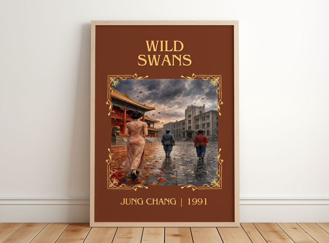 Wild Swans Classic Book Art Print by Jung Chang – framed print leaning on a wooden floor