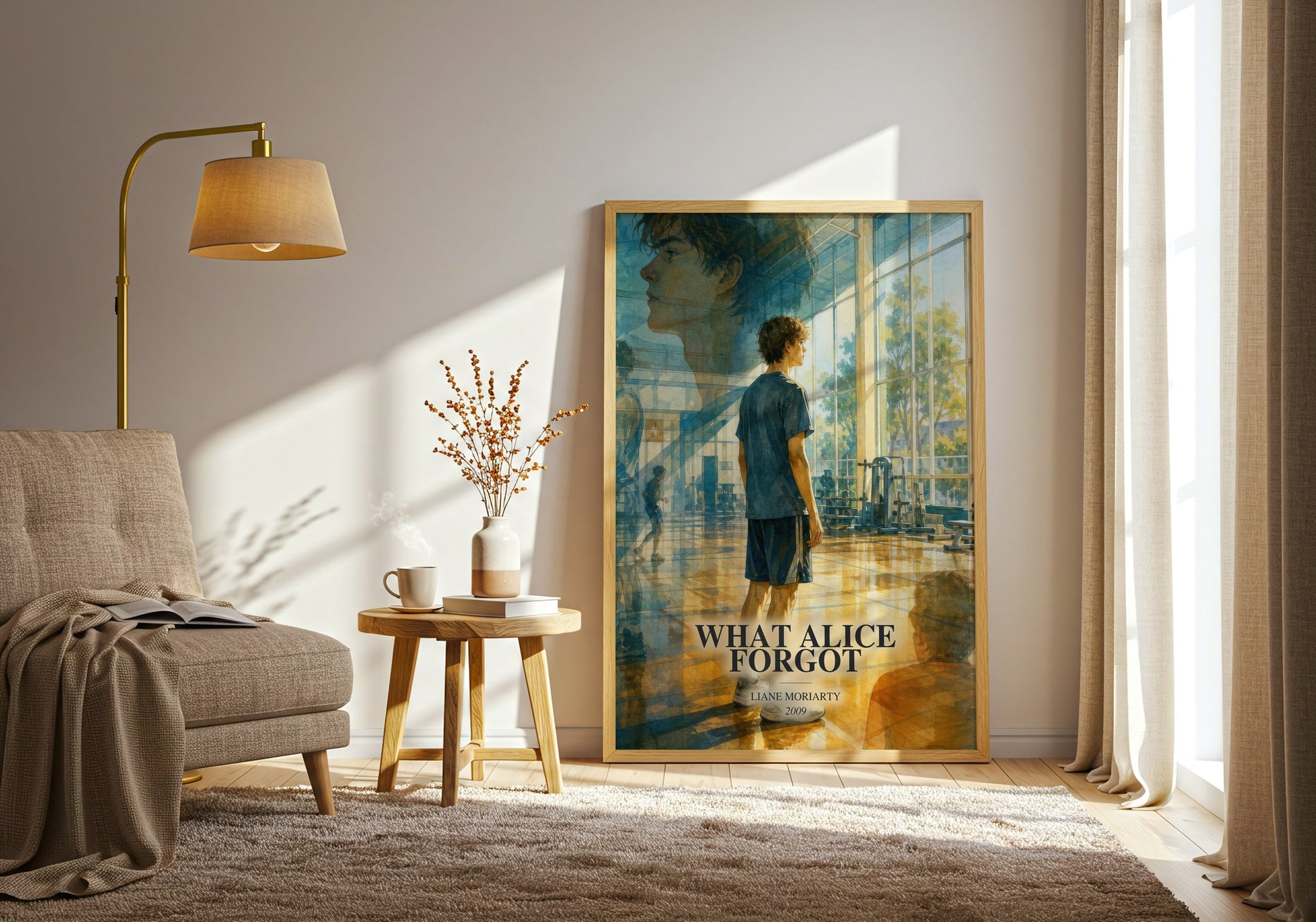 What Alice Forgot watercolour print in frame leaning in hallway – contemporary fiction wall art