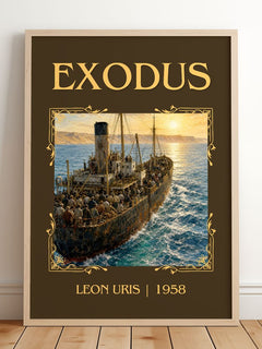 Exodus Classic Book Art Print by Leon Uris – framed print leaning on a wooden floor