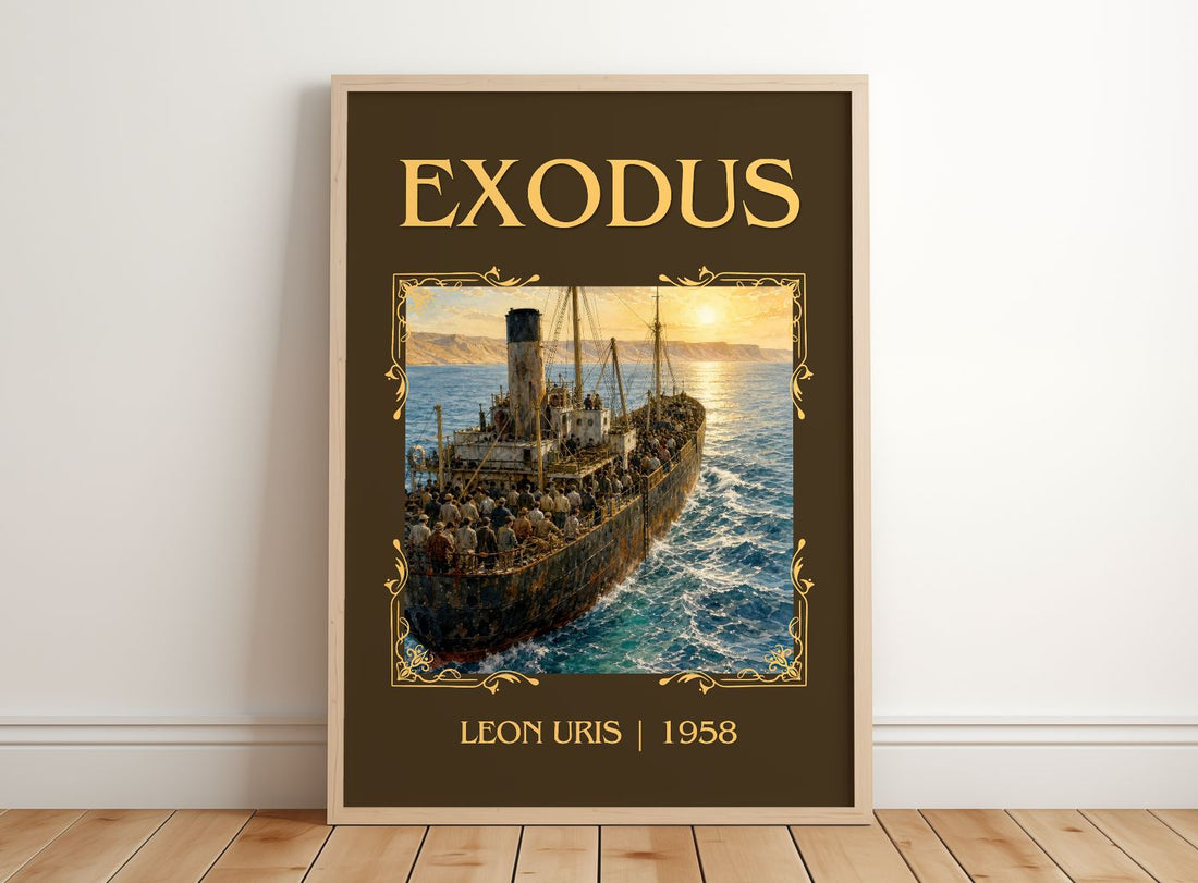 Exodus Classic Book Art Print by Leon Uris – framed print leaning on a wooden floor