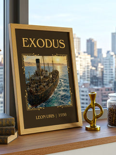 Exodus Classic Book Art Print by Leon Uris – framed print on a city-view windowsill