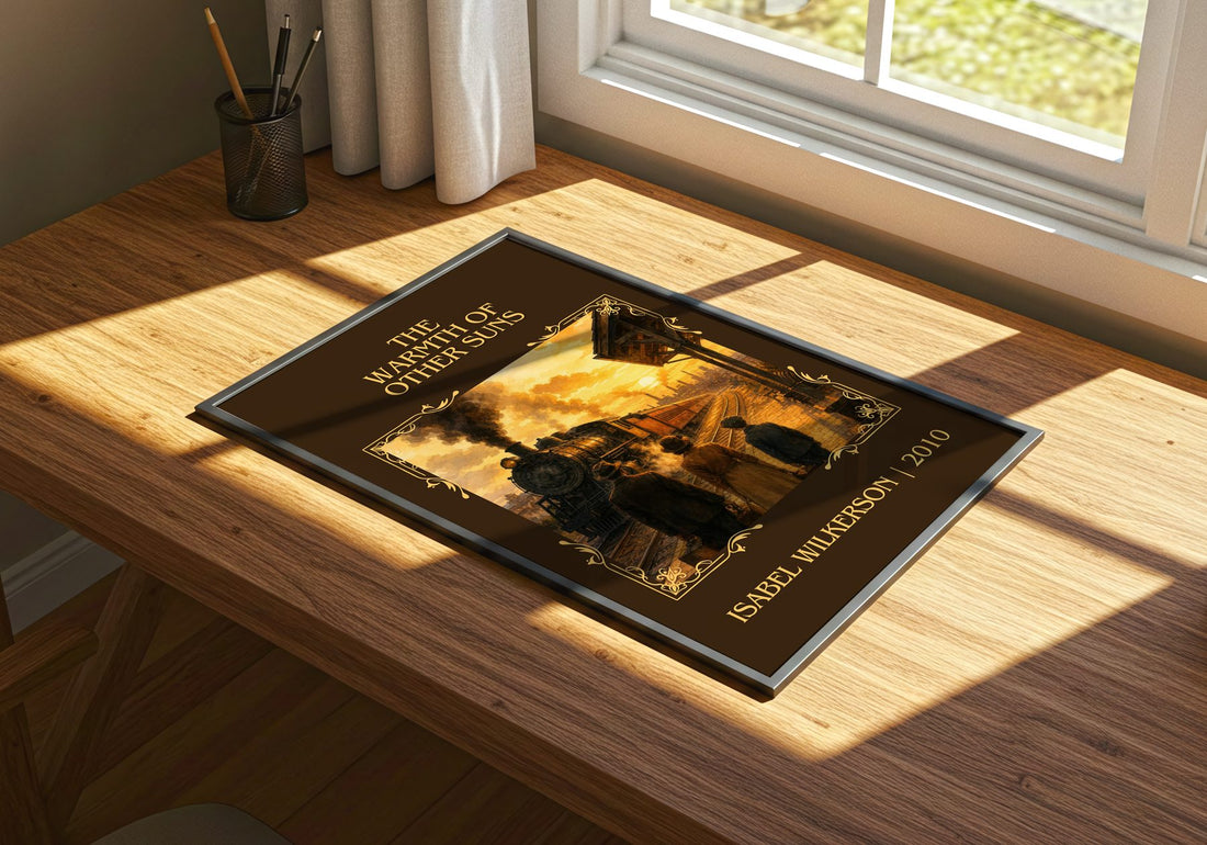 The Warmth Of Other Suns Classic Book Art Print by Isabel Wilkerson – print on a sunlit desk