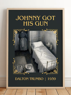 Johnny Got His Gun Classic Book Art Print by Dalton Trumbo – framed print leaning on a wooden floor