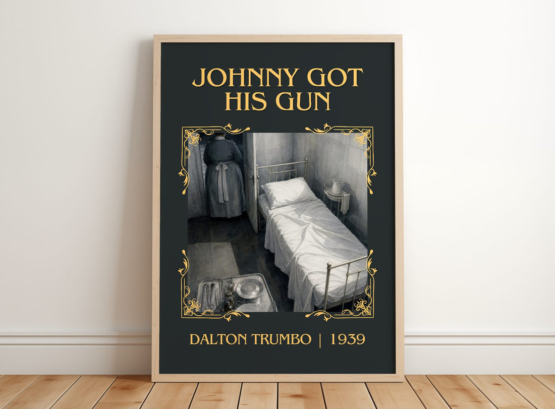 Johnny Got His Gun Classic Book Art Print by Dalton Trumbo – framed print leaning on a wooden floor