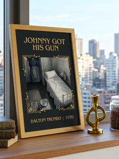 Johnny Got His Gun Classic Book Art Print by Dalton Trumbo – framed print on a city-view windowsill