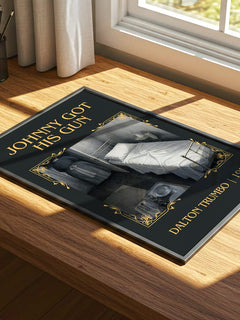 Johnny Got His Gun Classic Book Art Print by Dalton Trumbo – print on a sunlit desk