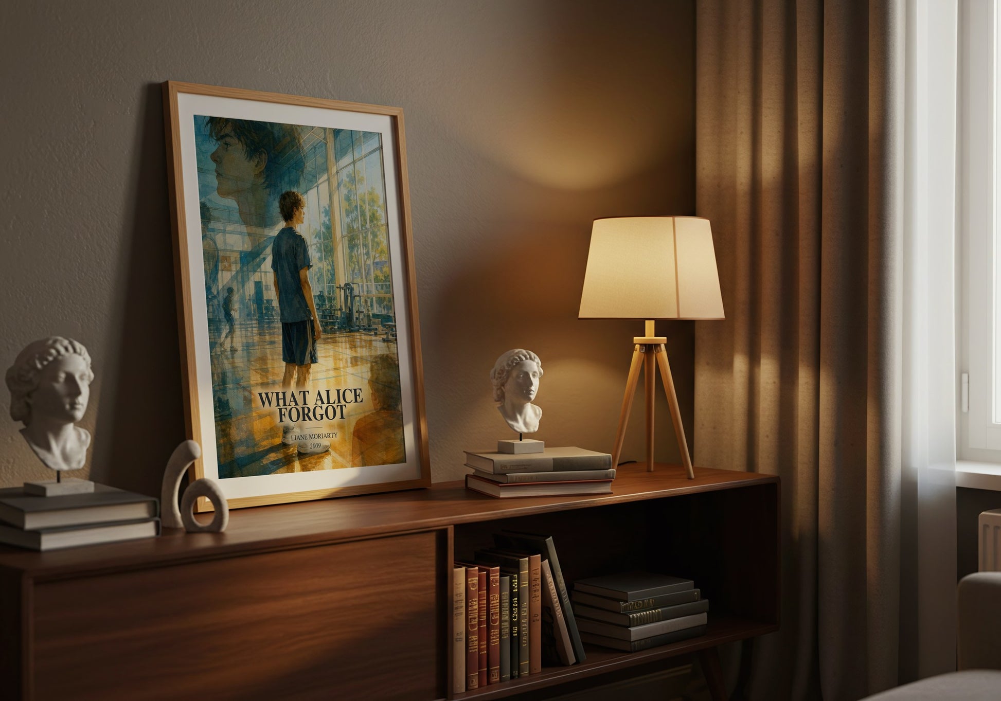 What Alice Forgot watercolour print on bookshelf – Liane Moriarty fan gift