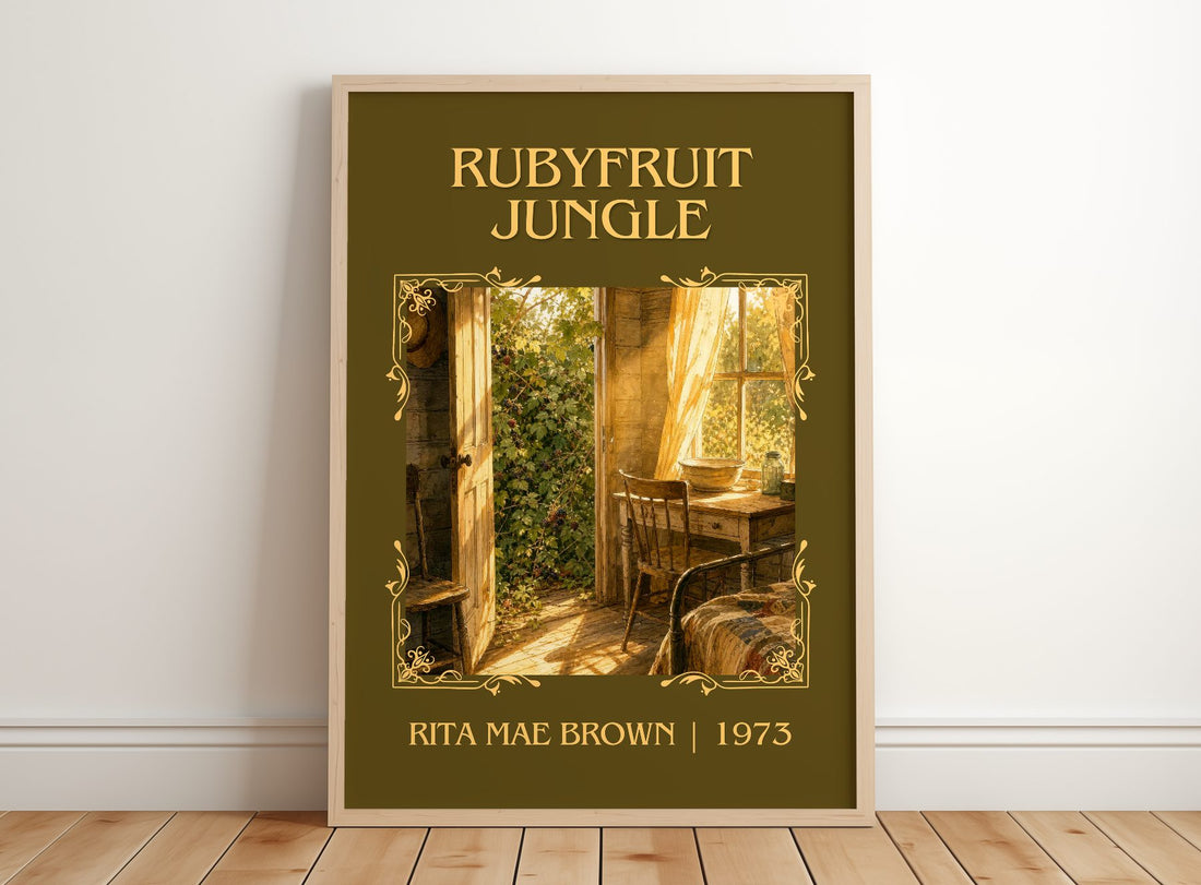 Rubyfruit Jungle Classic Book Art Print by Rita Mae Brown – framed print leaning on a wooden floor