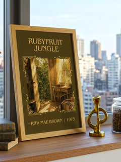 Rubyfruit Jungle Classic Book Art Print by Rita Mae Brown – framed print on a city-view windowsill