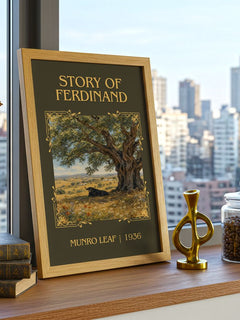 Story of Ferdinand Classic Book Art Print by Munro Leaf – framed print on a city-view windowsill