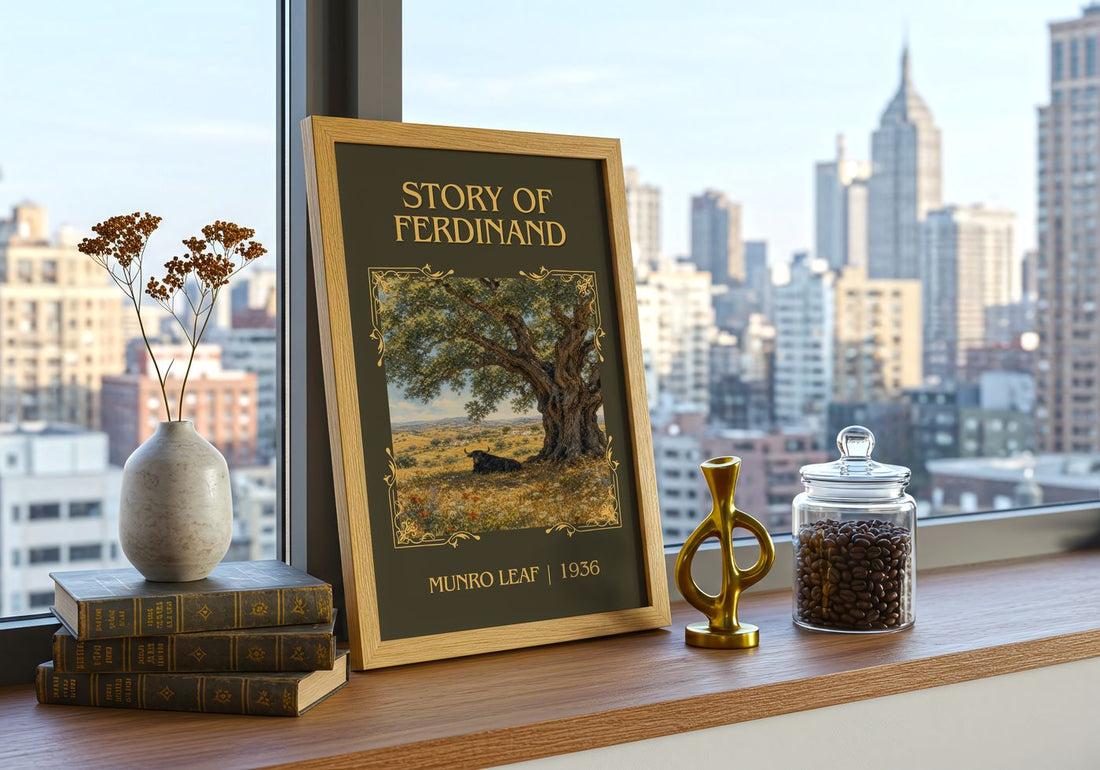 Story of Ferdinand Classic Book Art Print by Munro Leaf – framed print on a city-view windowsill