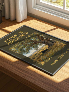 Story of Ferdinand Classic Book Art Print by Munro Leaf – print on a sunlit desk
