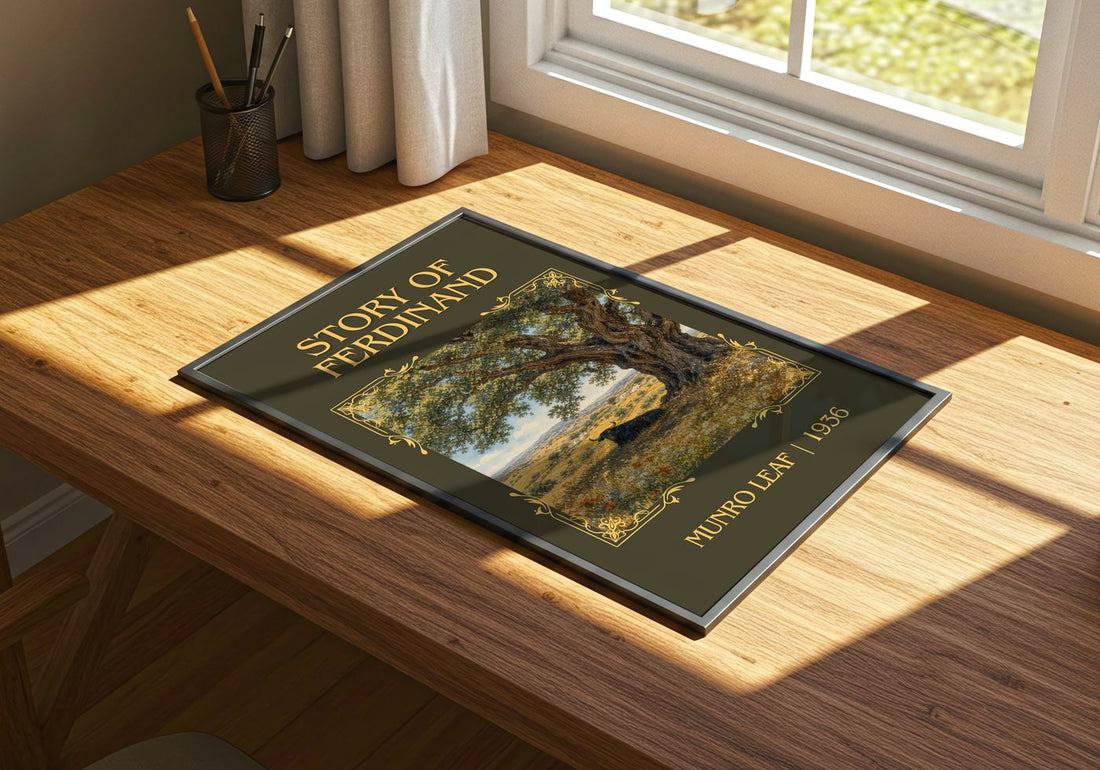 Story of Ferdinand Classic Book Art Print by Munro Leaf – print on a sunlit desk
