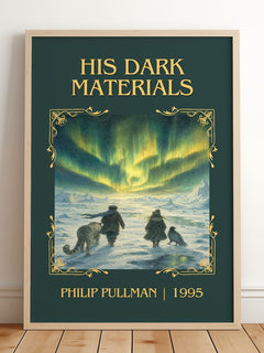 His Dark Materials Classic Book Art Print by Philip Pullman – framed print leaning on a wooden floor