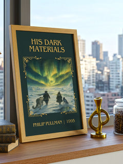 His Dark Materials Classic Book Art Print by Philip Pullman – framed print on a city-view windowsill