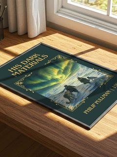 His Dark Materials Classic Book Art Print by Philip Pullman – print on a sunlit desk