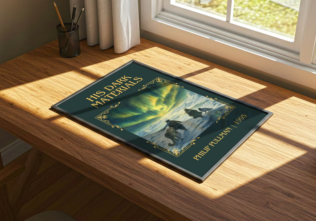 His Dark Materials Classic Book Art Print by Philip Pullman – print on a sunlit desk