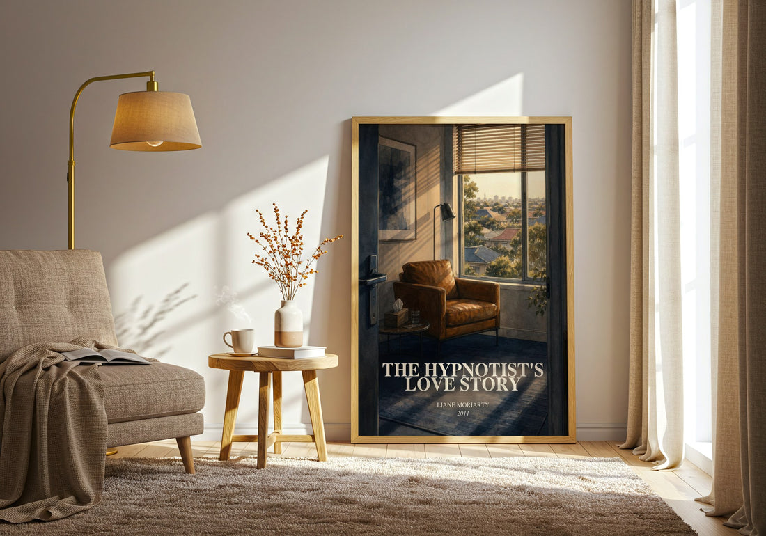 The Hypnotist'S Love Story watercolour print in frame leaning in hallway – contemporary fiction wall art (mockup)