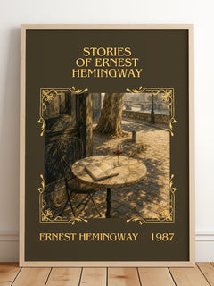 Stories of Ernest Hemingway Classic Book Art Print by Ernest Hemingway – framed print leaning on a wooden floor