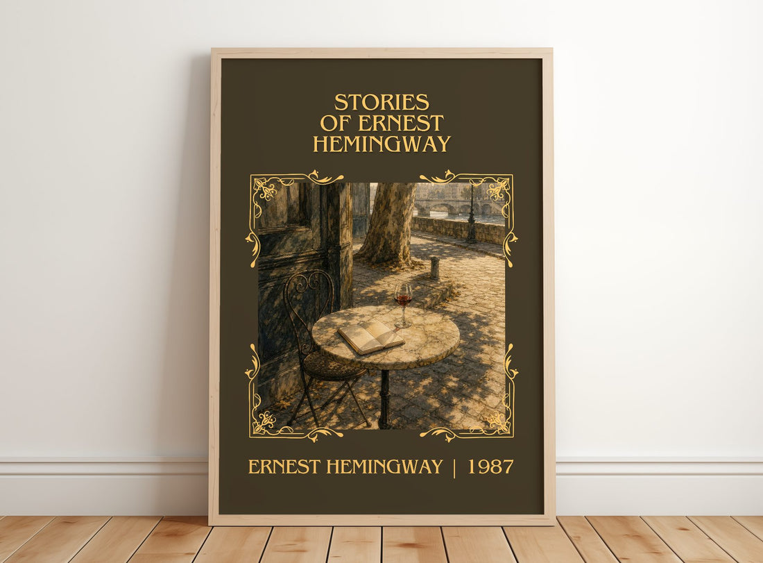 Stories of Ernest Hemingway Classic Book Art Print by Ernest Hemingway – framed print leaning on a wooden floor