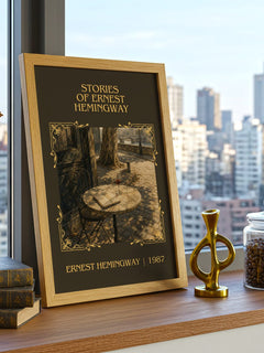 Stories of Ernest Hemingway Classic Book Art Print by Ernest Hemingway – framed print on a city-view windowsill