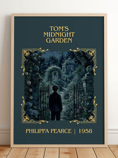 Tom's Midnight Garden Classic Book Art Print by Philippa Pearce – framed print leaning on a wooden floor