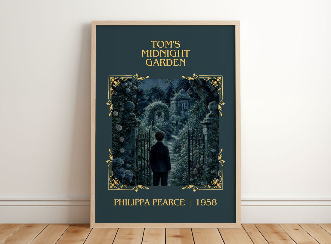 Tom's Midnight Garden Classic Book Art Print by Philippa Pearce – framed print leaning on a wooden floor