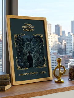 Tom's Midnight Garden Classic Book Art Print by Philippa Pearce – framed print on a city-view windowsill