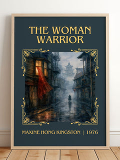The Woman Warrior Classic Book Art Print by Maxine Hong Kingston – framed print leaning on a wooden floor