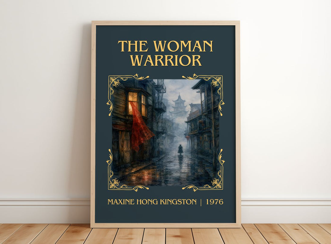The Woman Warrior Classic Book Art Print by Maxine Hong Kingston – framed print leaning on a wooden floor