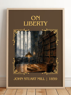 On Liberty Classic Book Art Print by John Stuart Mill – framed print leaning on a wooden floor