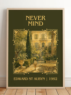Never Mind Classic Book Art Print by Edward St Aubyn – framed print leaning on a wooden floor