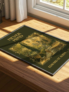 Never Mind Classic Book Art Print by Edward St Aubyn – print on a sunlit desk