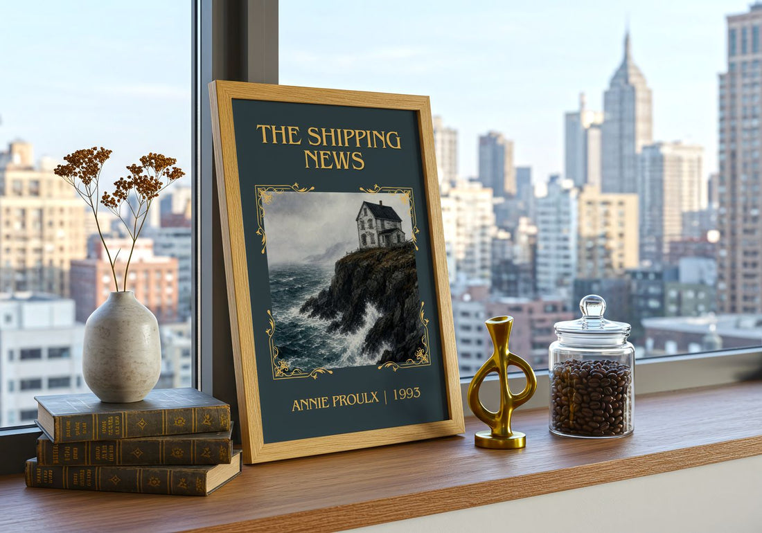 The Shipping News Classic Book Art Print by Annie Proulx – framed print on a city-view windowsill