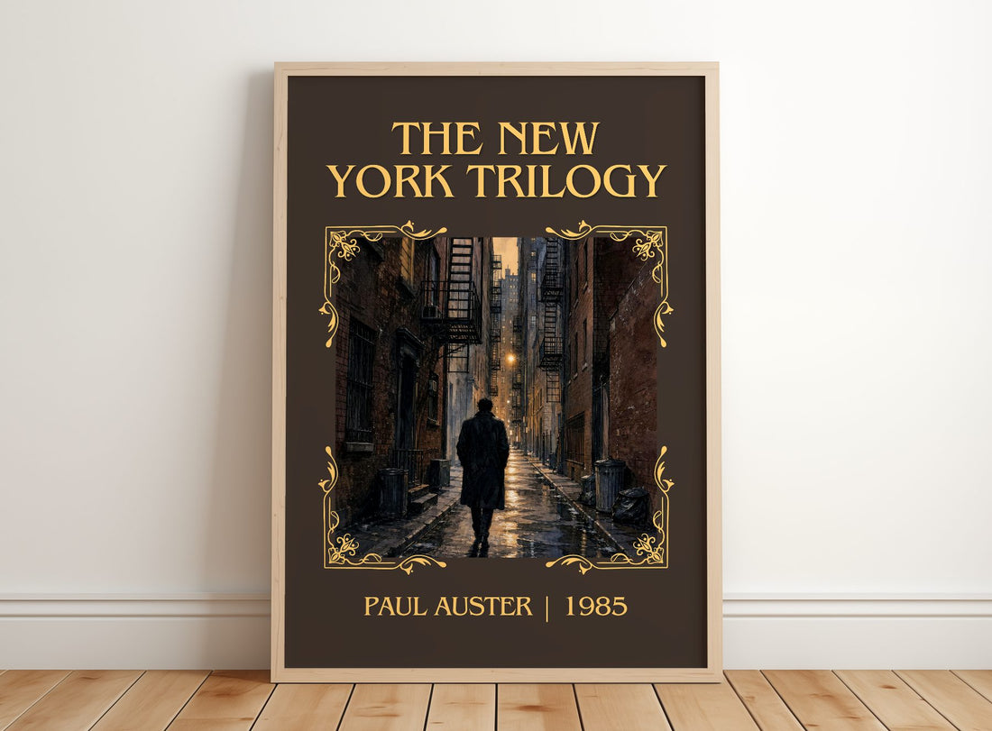 The New York Trilogy Classic Book Art Print by Paul Auster – framed print leaning on a wooden floor