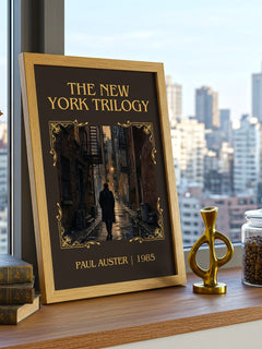 The New York Trilogy Classic Book Art Print by Paul Auster – framed print on a city-view windowsill