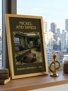 Nickel And Dimed Classic Book Art Print by Barbara Ehrenreich – framed print on a city-view windowsill