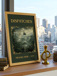Dispatches Classic Book Art Print by Michael Herr – framed print on a city-view windowsill