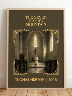 The Seven Storey Mountain Classic Book Art Print by Thomas Merton – framed print leaning on a wooden floor
