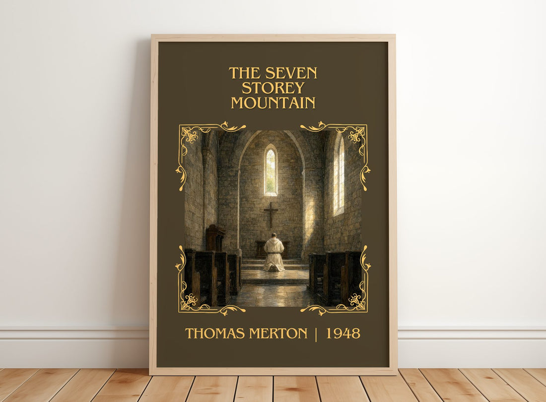 The Seven Storey Mountain Classic Book Art Print by Thomas Merton – framed print leaning on a wooden floor